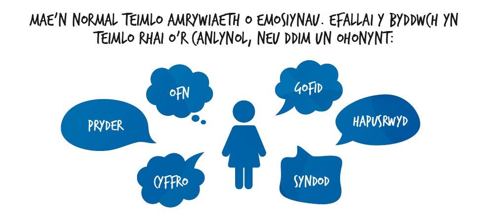 Mae'n Normal Teimlo Amrywiaeth O Emosiynau. Efallai Y Byddwch Yn Teimlo Rhai O'r Canlynol, Neu ddim Un Ohonynt: Pryder, Ofn, Gofid, Hapusrwtd, Syndod, Cyffro.